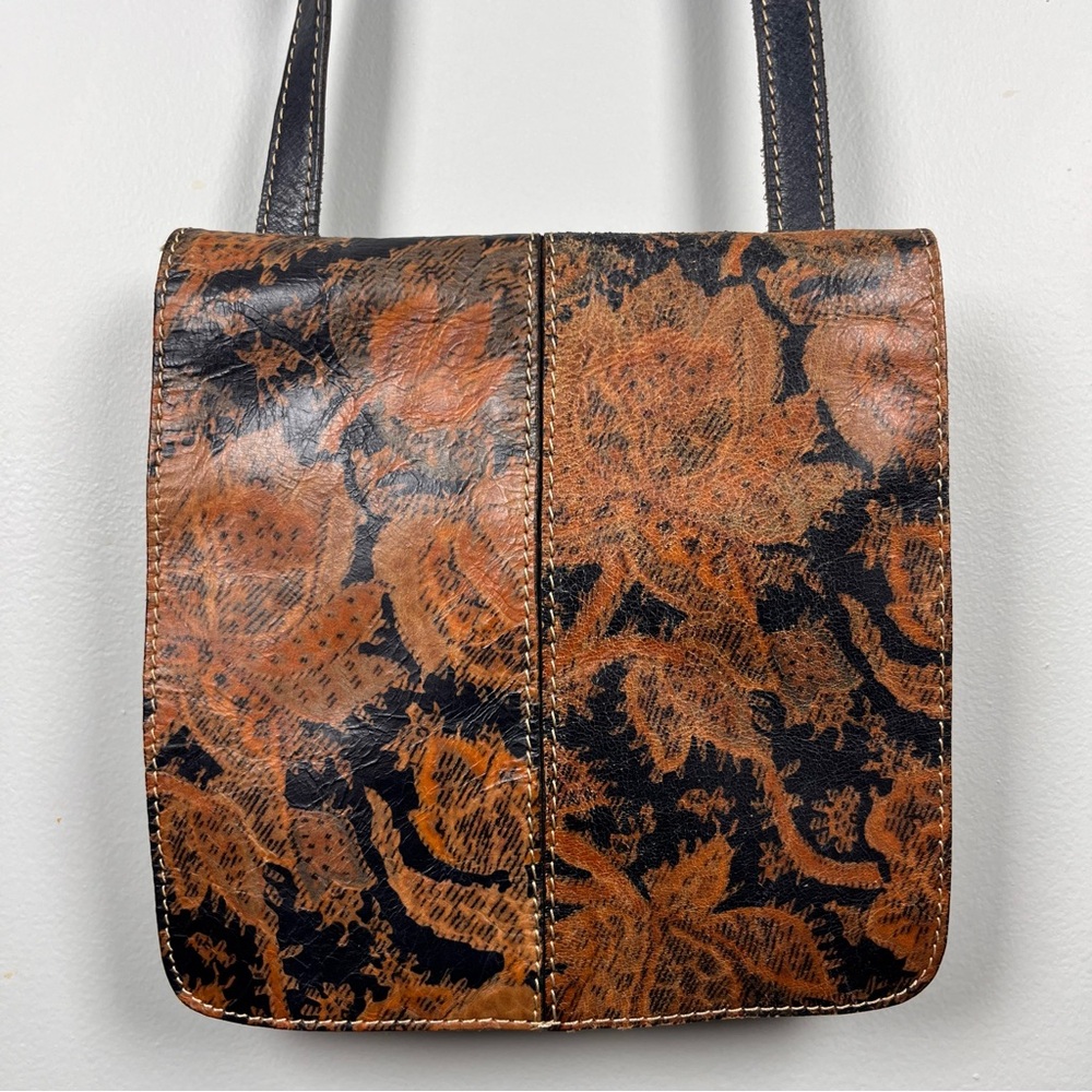 Patricia Nash Brown Leather Paisley Floral Boho Crossbody Bag Purse Western